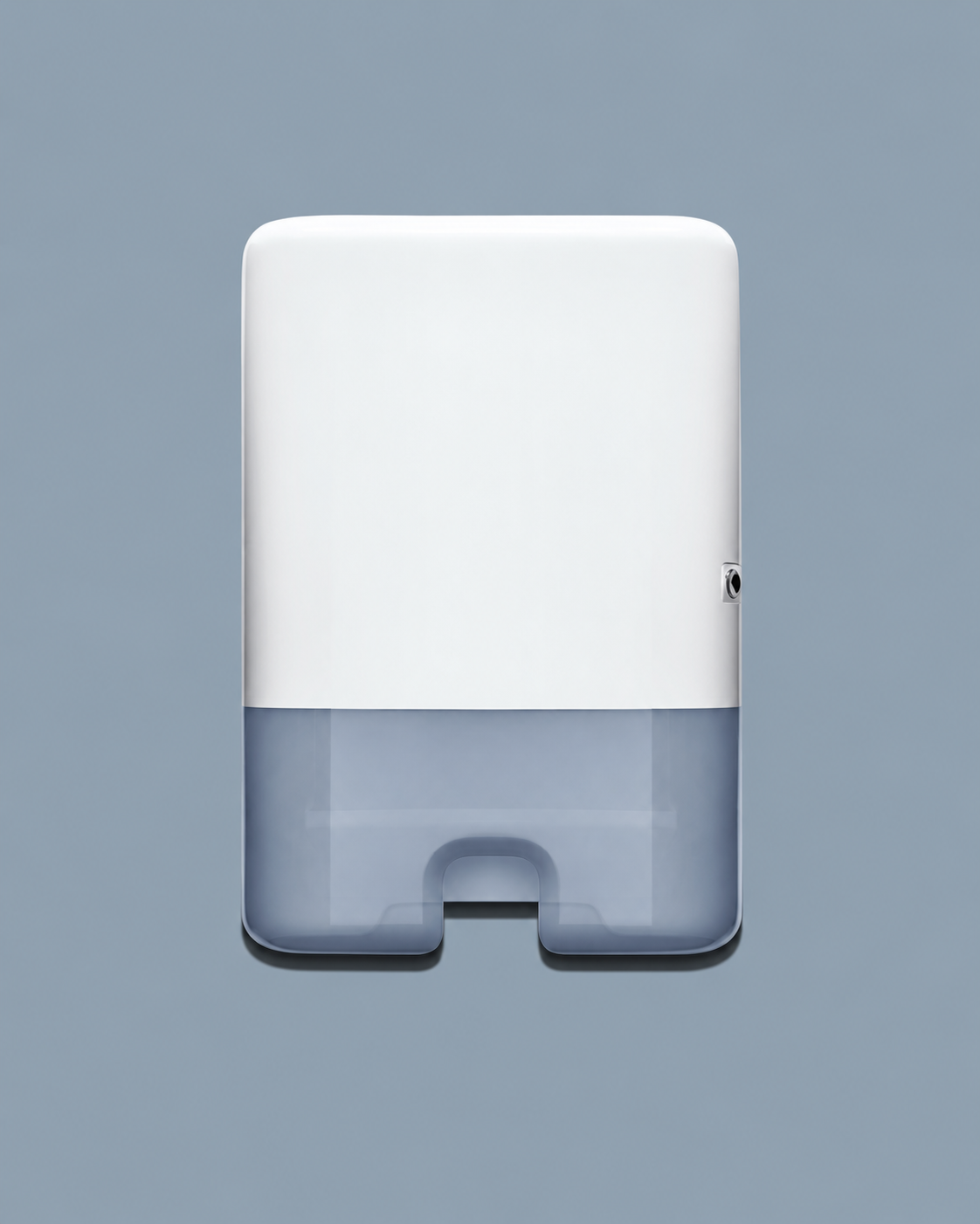A softly rounded white paper dispenser with a translucent blue lower section