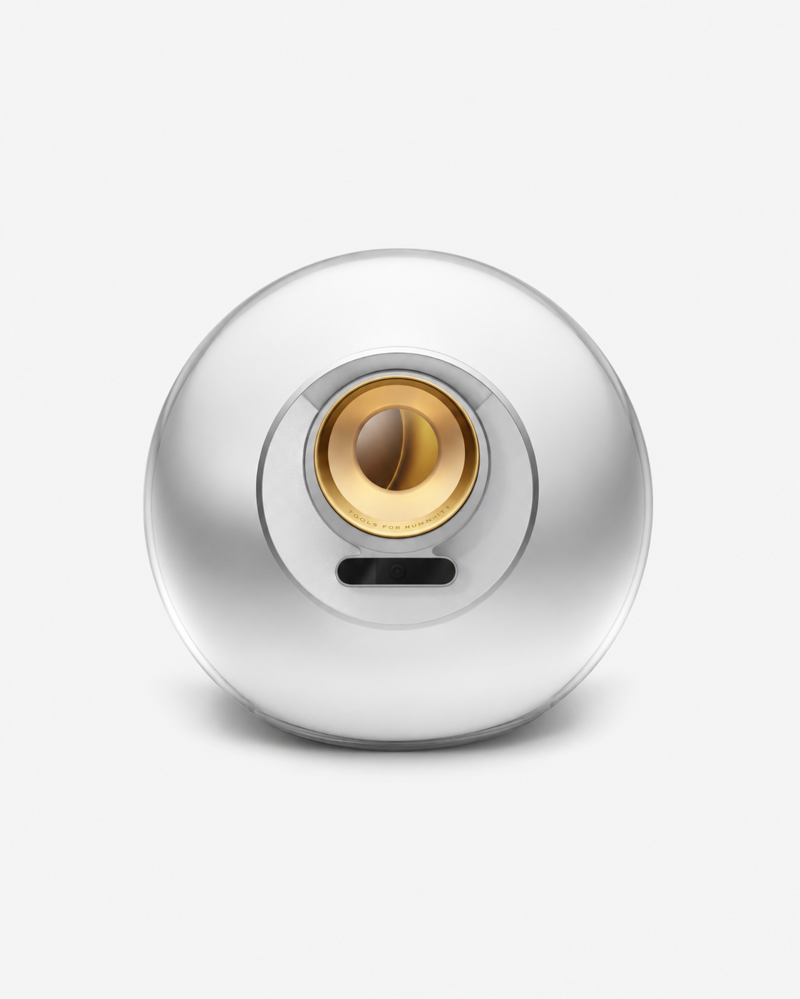 The silver Orb with a golden optical opening, surrounded by a pale background